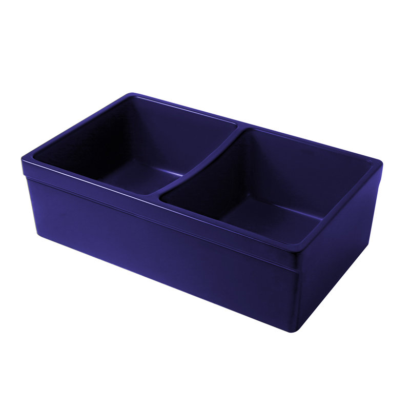Whitehaus 33" Reversible Double Bowl Fireclay Kitchen Sink: 2-1/2" Lip, 2" Lip Front Apron, Sapphire Blue