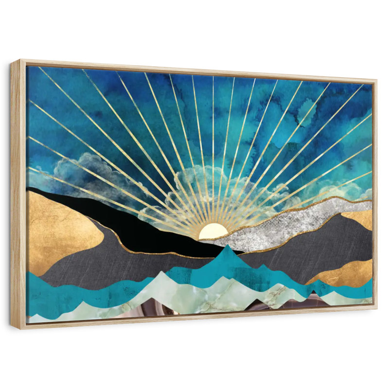 Lever de soleil abstrait, Cadre flottant en bois naturel, 46 po x 31 po