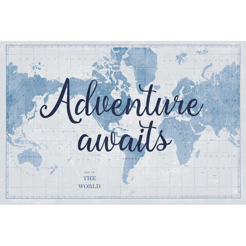 World Map White And Blue Adventure - Wrapped Canvas Print, 20cm H x 30cm W