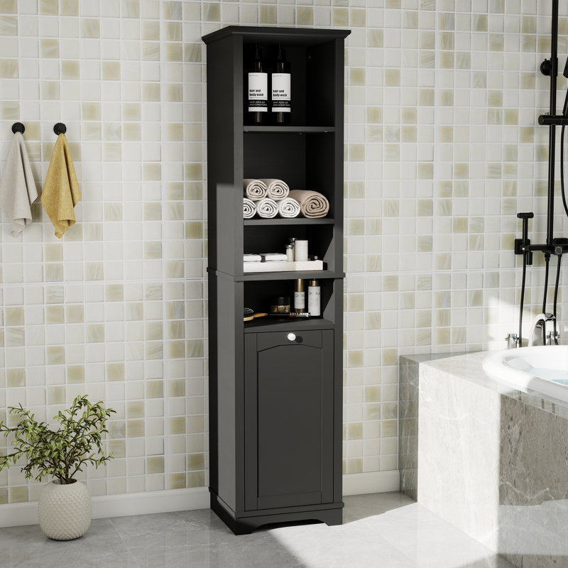 Grande armoire de rangement pour salle de bain avec tablettes ouvertes et panier à linge, Noir, noir, noir, noir