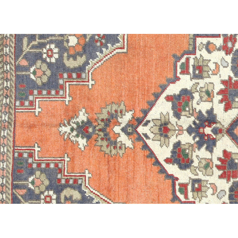 Tapis unique en laine noué à la main de style années 1960 de 5 pi 9 po x 9 pi 4 po orange / bleu
