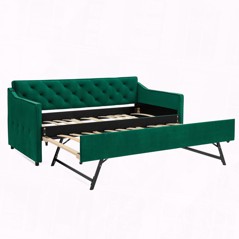 Upholstery DayBed Pop-up Trundle USB Charging Design, Green