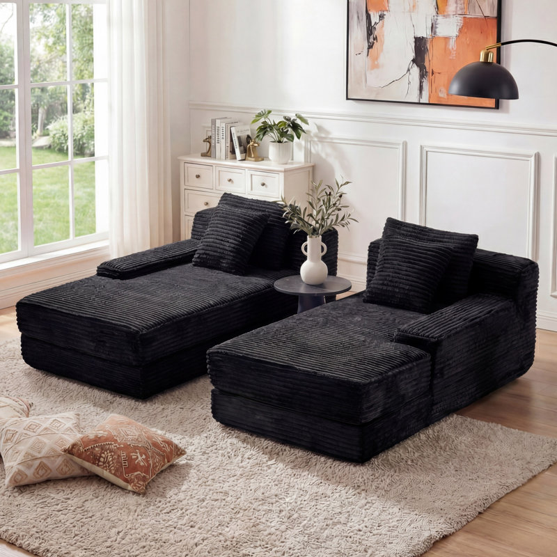 Eliam Oversized Modular Flannel Double Chaise Lounge Chair with 4 Pillows, Pure Foam Filled, No Assembly Required, Black