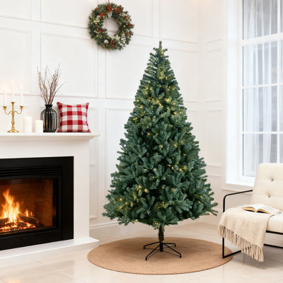 6FT Prelit Traditional  Artificial Christmas Tree  with Pine Cones ,430 Warm Yellow LED Lights, Complete Set with Garland & Wreath for Home and Office Indoor Holiday Decor