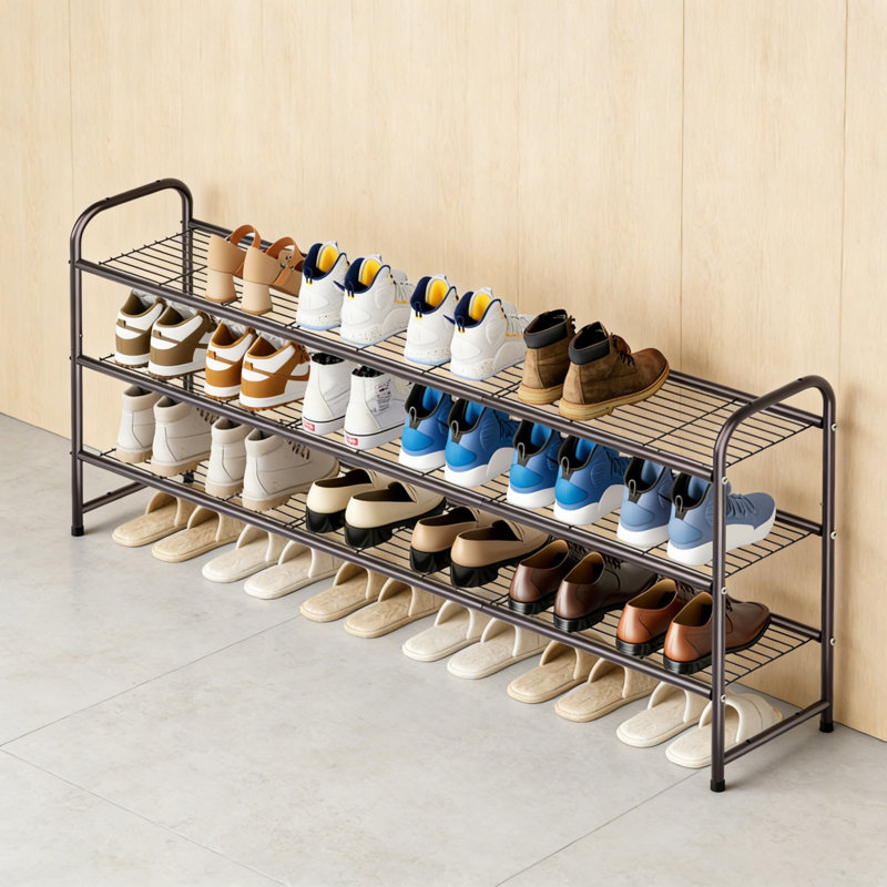 3-Tier Long Metal Shoe Rack, Wide Stackable Wire Grid, Brown