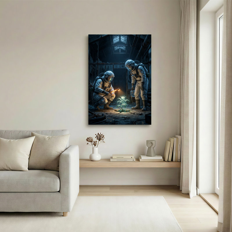 Toile rougeoyante en béton fissuré avec figurines en combinaison de protection, art mural, 24"H x 16"W