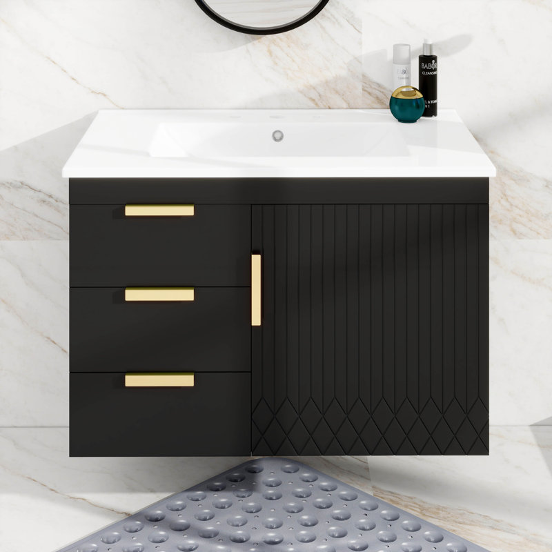 30'' Wall-Mounted Bathroom Cabinet Set With Ceramic Basin Sink, Soft-Close Doors & Drawer, Black