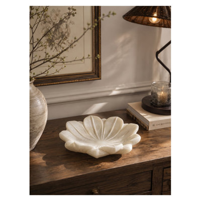 Hand-Finished Lotus Bloom Decorative Bowl in White Polyresin and Iron, 11.8" x 11.8"