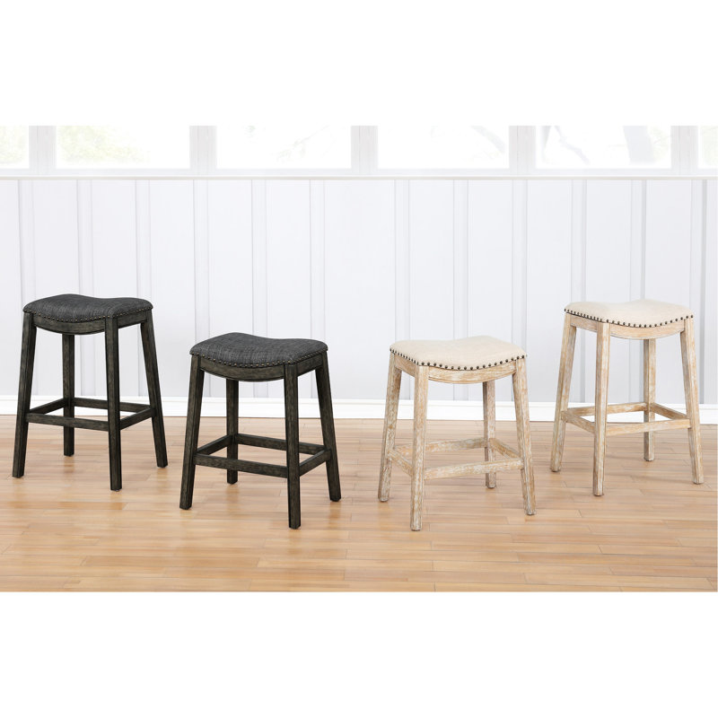 Selle rembourrée grise, 2 pièces, bois massif avec finition blanchie et coussin, garniture cloutée avec 2 coussins de siège