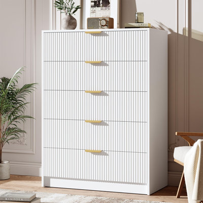 5 Drawer Dresser for Bedroom, Tall Vertical Fluted Chest of Drawers with Gold Metal Handles