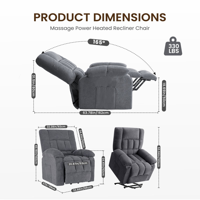 Fauteuil inclinable électrique surdimensionné avec massage chauffant et poche latérale, Gris foncé