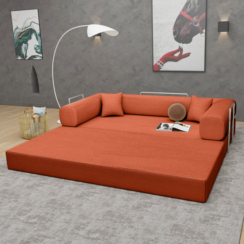 Boneless Convertible Sleeper Sofa Bed, All High-Density Foam Foldable Floor Couch No Assembly, Orange