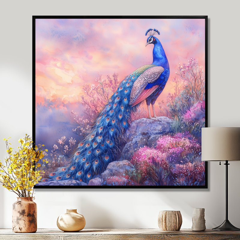 Toile rigide, paon dans un champ de lavande I - oiseau, art mural, H 16 po x l 16 po, Impression encadrée flottante, Noir