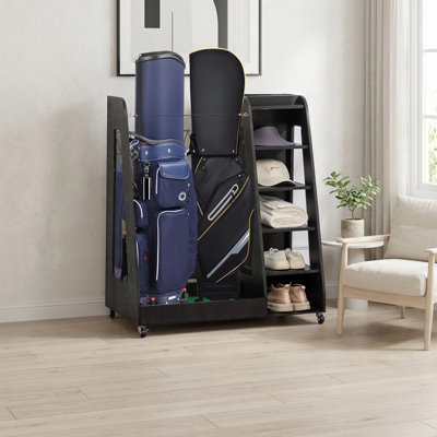 Premium Wooden Golf Bag Rack, Holds 2 Golf Bags, for Garage, Clubhouse, Storage Shed, and Basement, Black