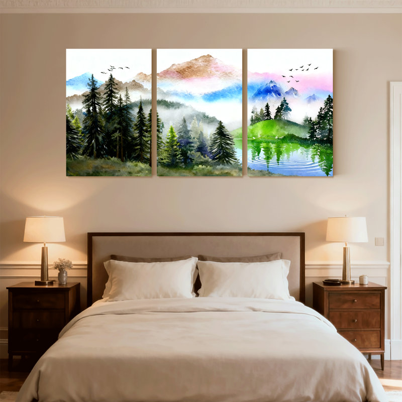 «Landscape & Nature Mountain Forest Lake Sky Birds Reflection», ensemble de 3 impressions sur toile, H 30 po x l 60 po