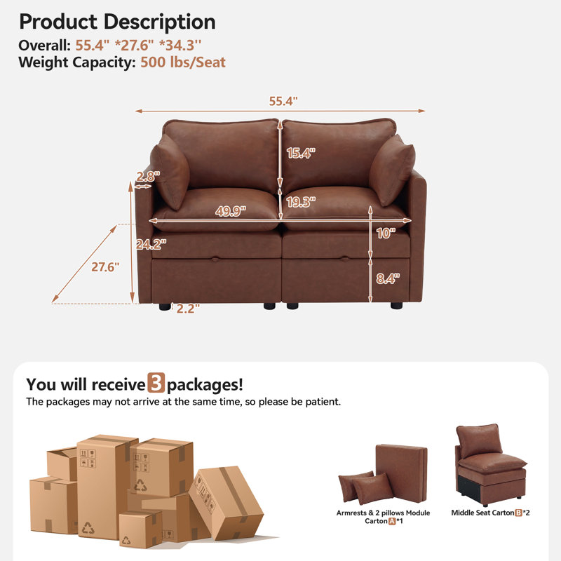 Canapé modulaire avec rangement 55,4 po, Pu-brown