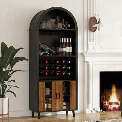 71-Inch Farmhouse Arched Wine Bar Cabinet With Wine Rack, Glass Holders, And Multi-Functional Storage For Living Or Dining Room