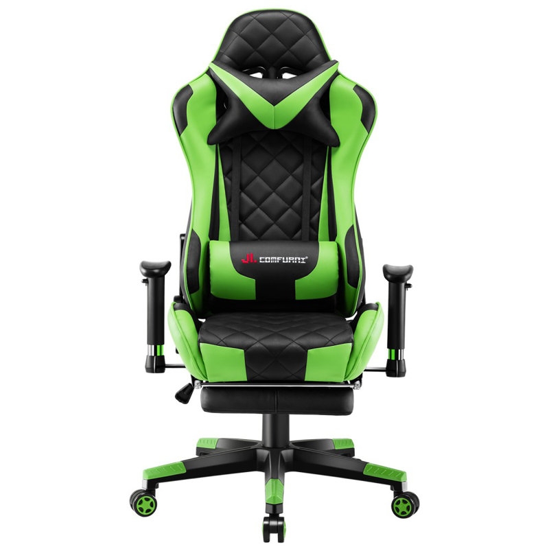 JL Comfurni Adjustable Reclining Ergonomic Faux Leather Swiveling PC & Racing Game Chair with Footrest, Green