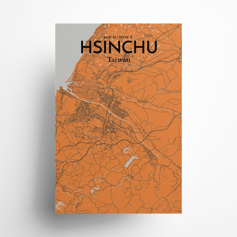 Hsinchu City Map in Orange 1 Piece Wall Art, 36cm H x 24cm W x 0.05cm D