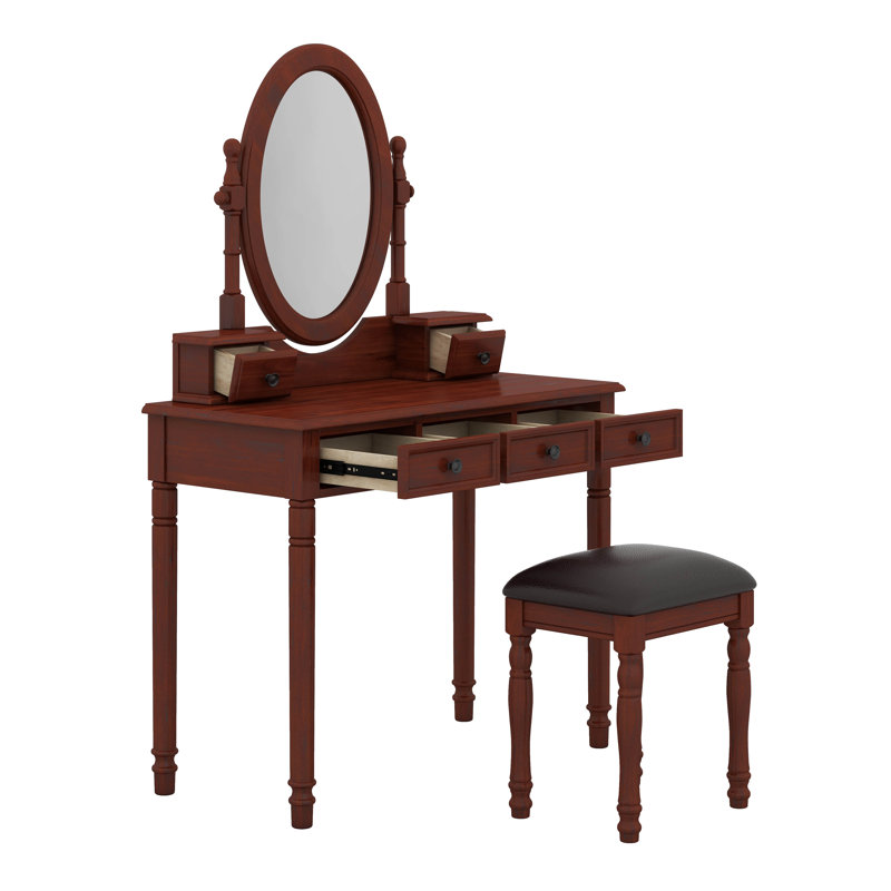 Ensemble coiffeuse vintage avec miroir ajustable, table de maquillage rétro et tabouret rembourré avec doublure en velours 5 tiroirs