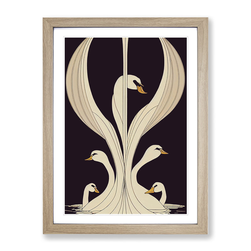 XV1022-798X Art Nouveau Swan - Single Picture Frame Print, 34cm H x 25cm W, Beige