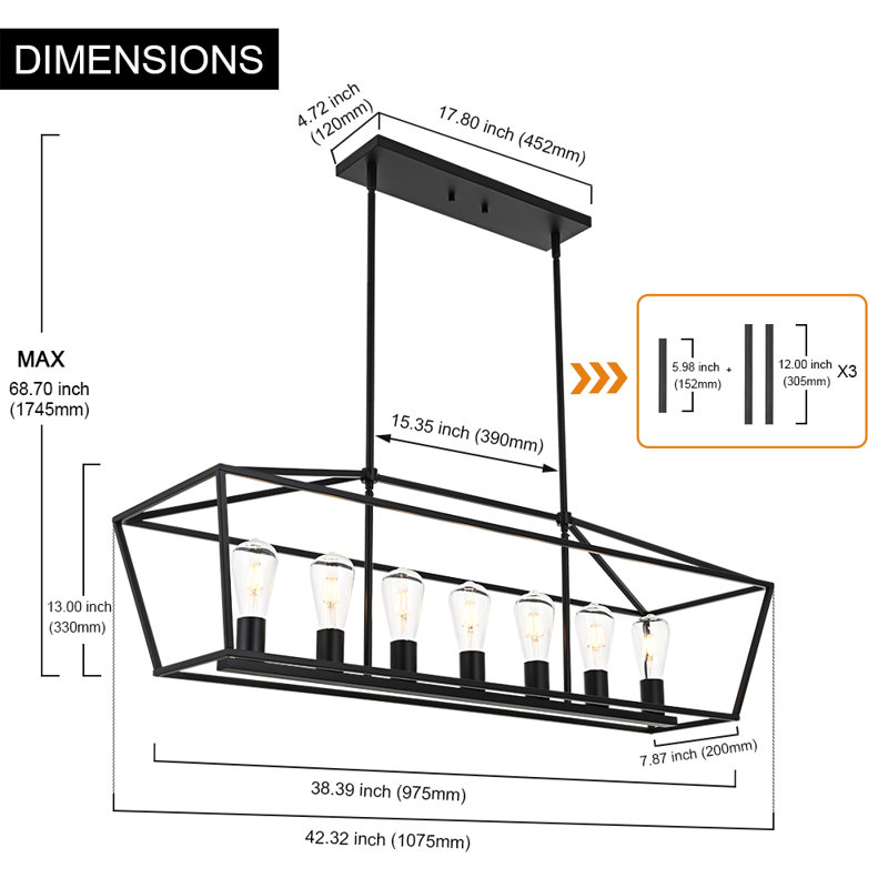 Luminaire suspendu 7 lumières pour îlot de cuisine, Noir