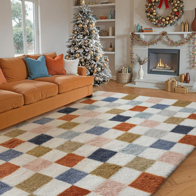 Checkered Rug 8X10 For Living Room, Modern Rainbow Shag Rug Washable Non-Slip Large Area Rug Super Soft Indoor Fuzzy Carpet Fluffy Rugs For Bedroom Home Aesthetic Decor