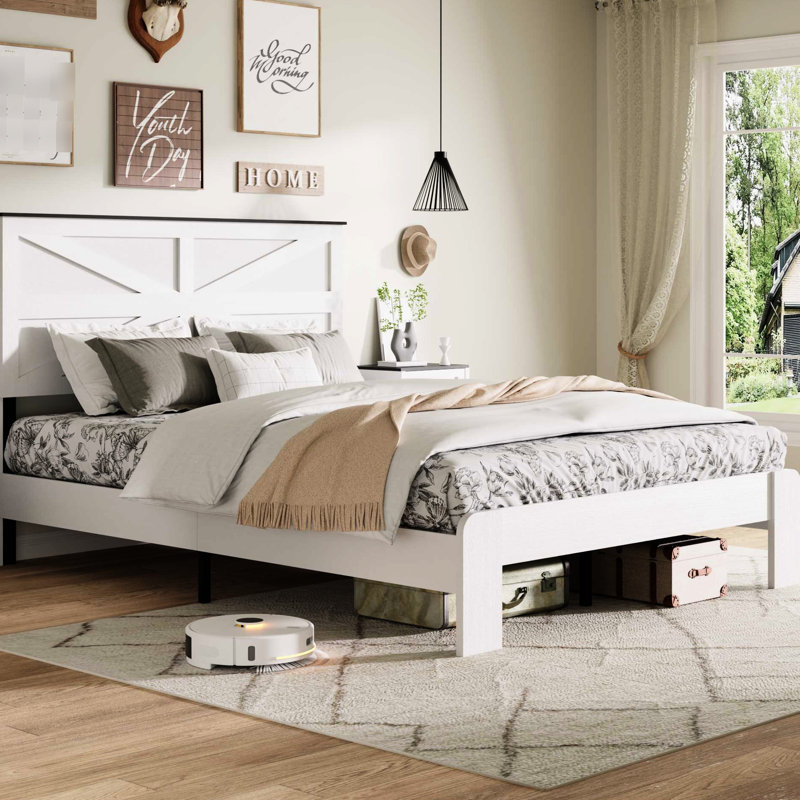 White Queen Bed Frame Headboard, Wood And Metal Platform Bed, Noise , No Box Spring, Easy Assembly, Industrial Style, Sophisticated Look, Bedroom Functional, Under Space