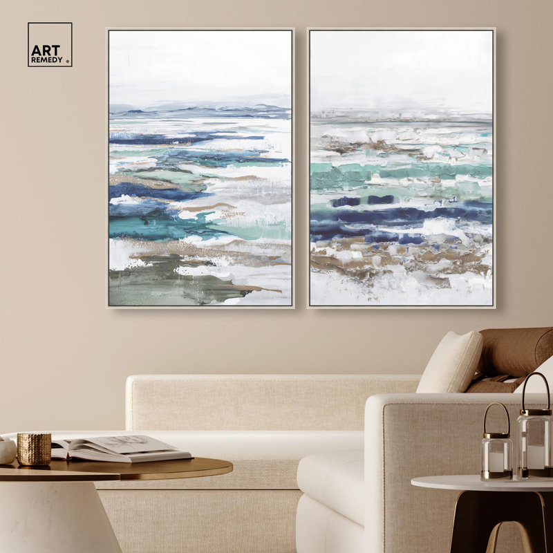 «Coral Coastal Blue Art», ensemble de 2 impressions sur toile par , H 37 po x l 25 po, Argent argent