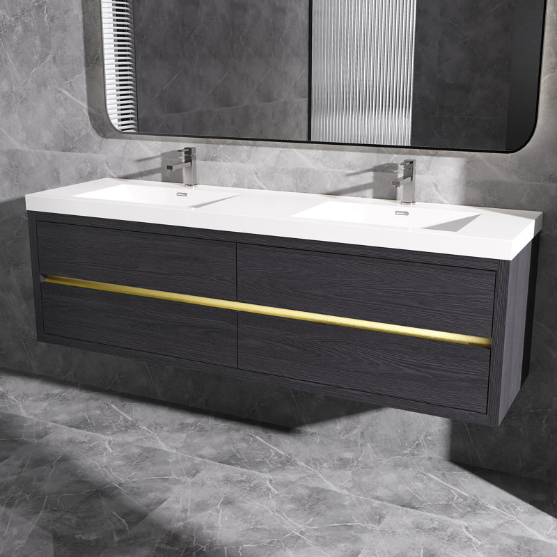 Meuble-lavabo mural flottant avec double surface de comptoir en blanc, Noir, noir, noir, noir, 72"
