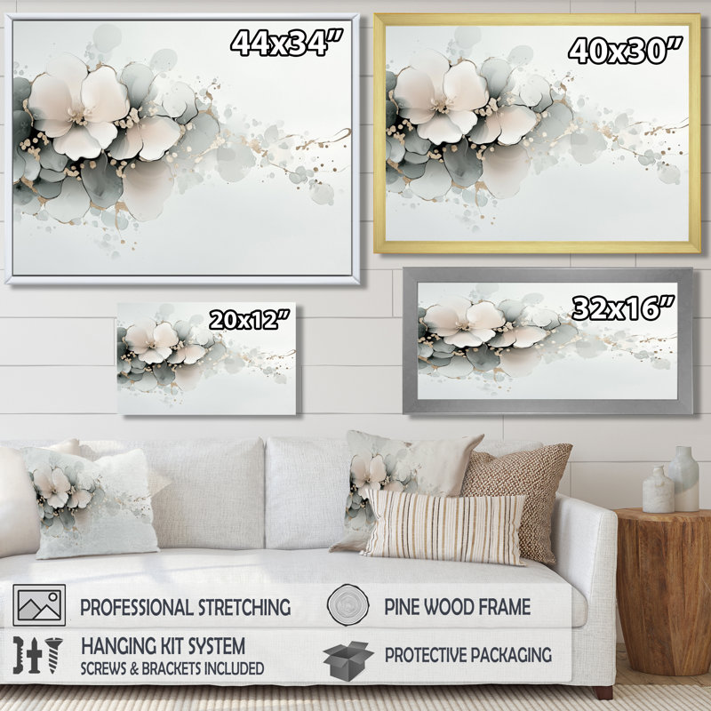 Encre de pivoines - art mural pivoine, H 34 po x l 44 po, Toile tendue, Ne s’applique pas