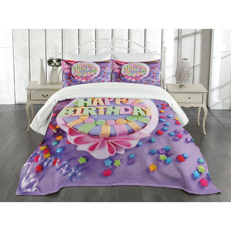 Ambesonne Purple Bedspread Set 3 Pcs Birthday Cake Presents Queen Multicolor