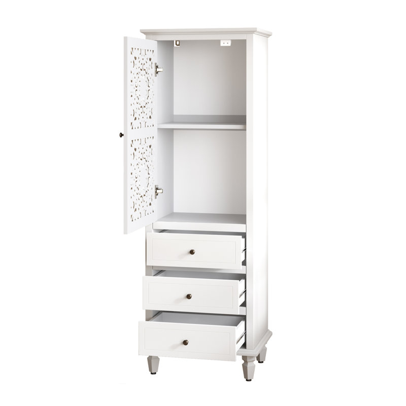 Armoire de ferme 63 po avec porte sculptée et 3 tiroirs, Blanc