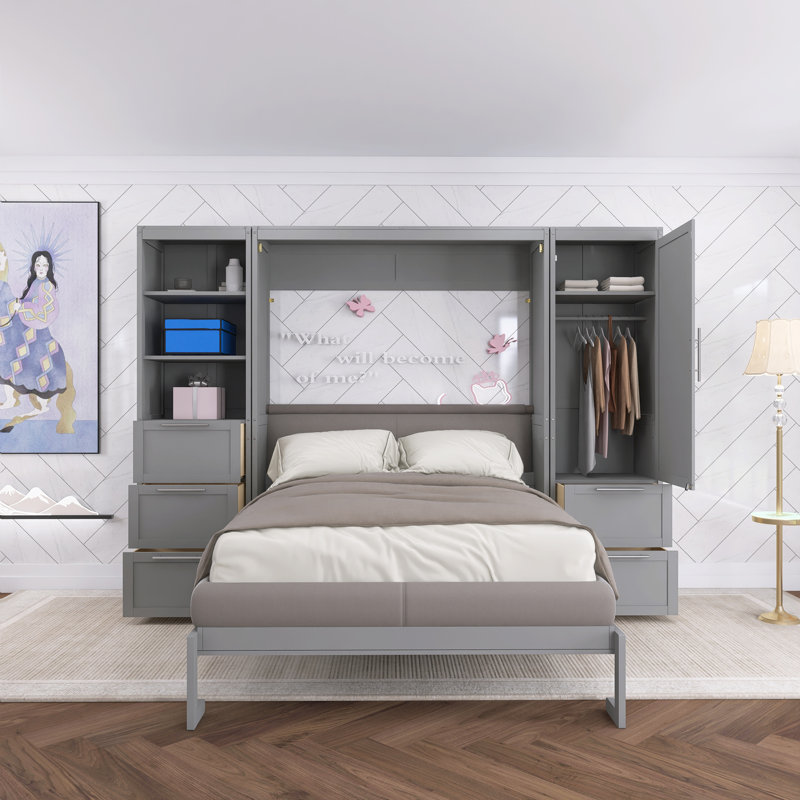 Grand lit escamotable mural gris avec placard, Gris