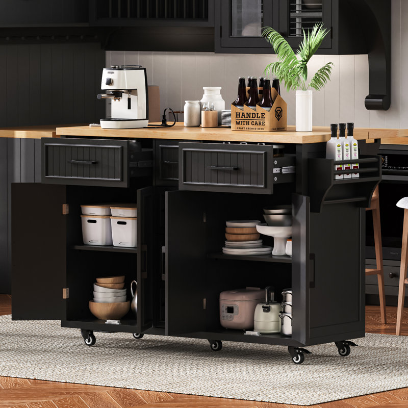 56.5'' Kitchen Island With Drop Leaf, Power Outlet, Embossed Vertical Stripe Rolling Kitchen Cart On Wheels With 4 Doors , 5 Deep Drawers And Adjustable Shelves, For Kitchen, Dining Room