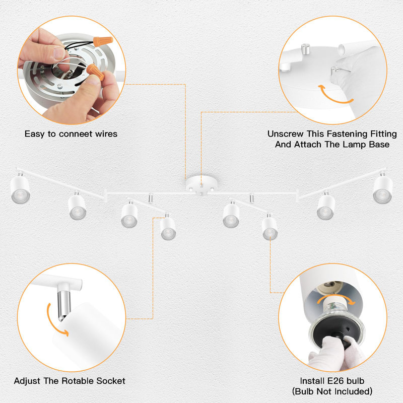 8-Light Adjustable Arms and Heads White Track Lighting Fixture