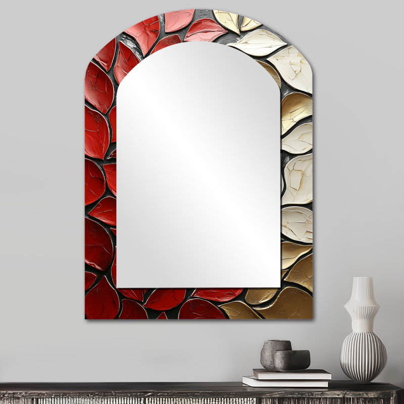 Miroir mural asymétrique rouge or et blanc Tango I - Boho Tiles, miroir décoratif Red Arch, impression sur métal