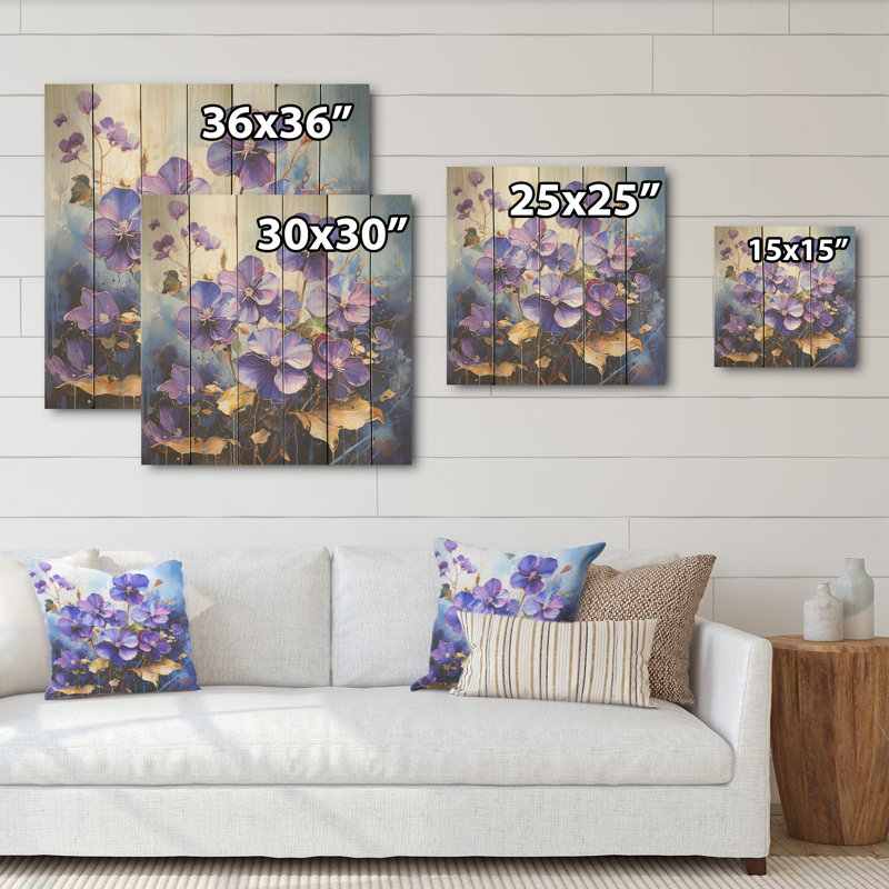 «Wild Expression - Violets», art mural sur bois de pin naturel, H 15 po x l 15 po