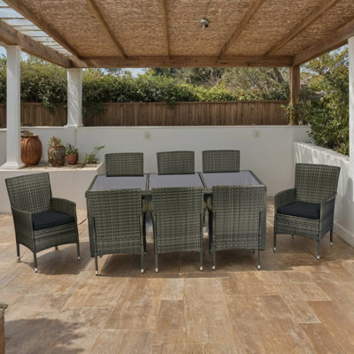 Ensemble repas 9 pièces pour patio en osier avec plateau en verre trempé et rotin tissé à la main toutes saisons