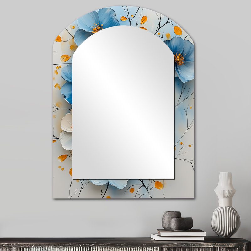 Velours cerisier en fleurs bleu Simplicity I - miroir asymétrique fleur de cerisier, miroir mural unique arche blanche, impression d'art en métal