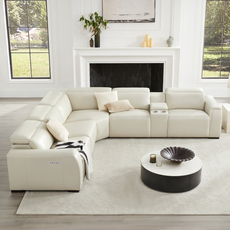 Thea 6-Piece Genuine Leather Power Reclining Sectional with Console , Ivory