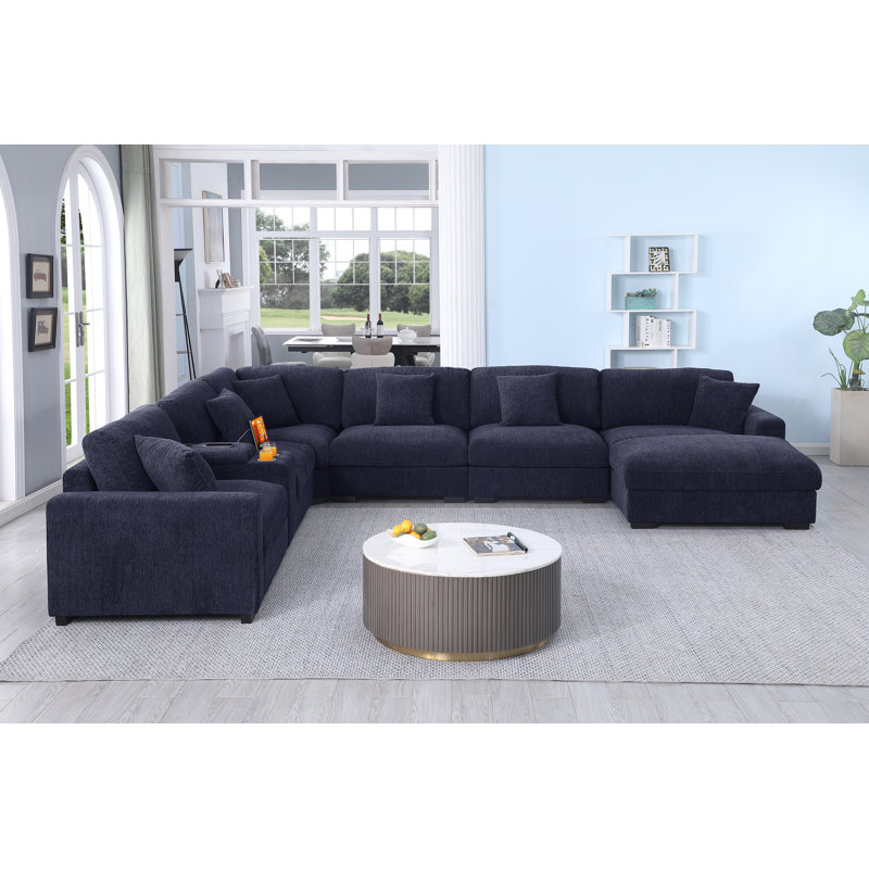 8-piece Upholstered Corner Sectional Sofa, Console with Cup Holders & Storage & USB, Dark Blue Polyester