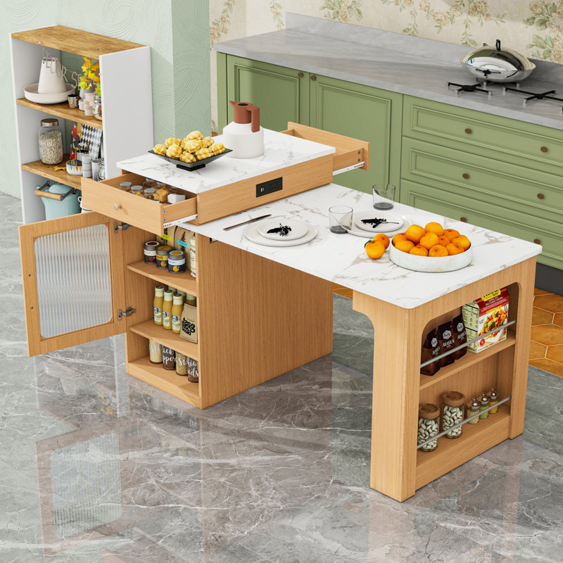Kitchen Island with Extendable Dining Table, 2 Drawers, Power Outlet and Side Open Shelves, Natural