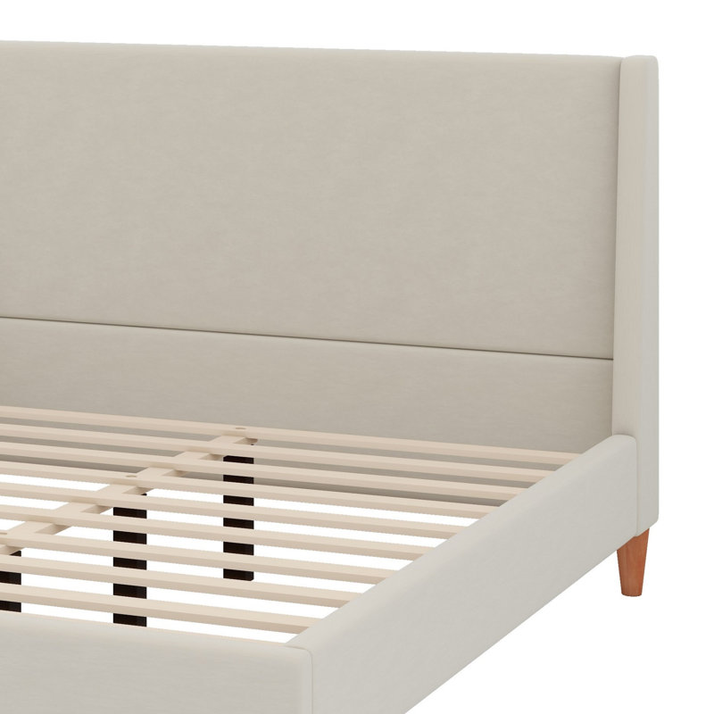 Lit plateforme tapissier avec tête de lit à oreilles et pieds en bois, Grand, Beige