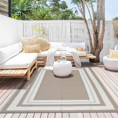 9' x 12' Reversible Outdoor Rug, Waterproof UV Resistant Plastic Straw Patio Carpet, Lightweight & Easy Clean, Gray Bordered Rug with Stakes & Carry Bag for Patio, Deck, RV, Camping
