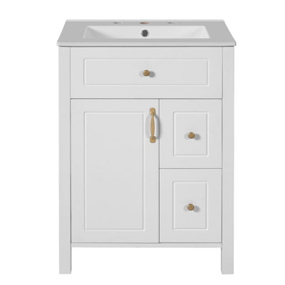 24-Inch Bathroom Vanity With Ceramic Sink, 1 Soft Close Door, 2 Soft Close Drawers, And Double Storage Racks On The Door