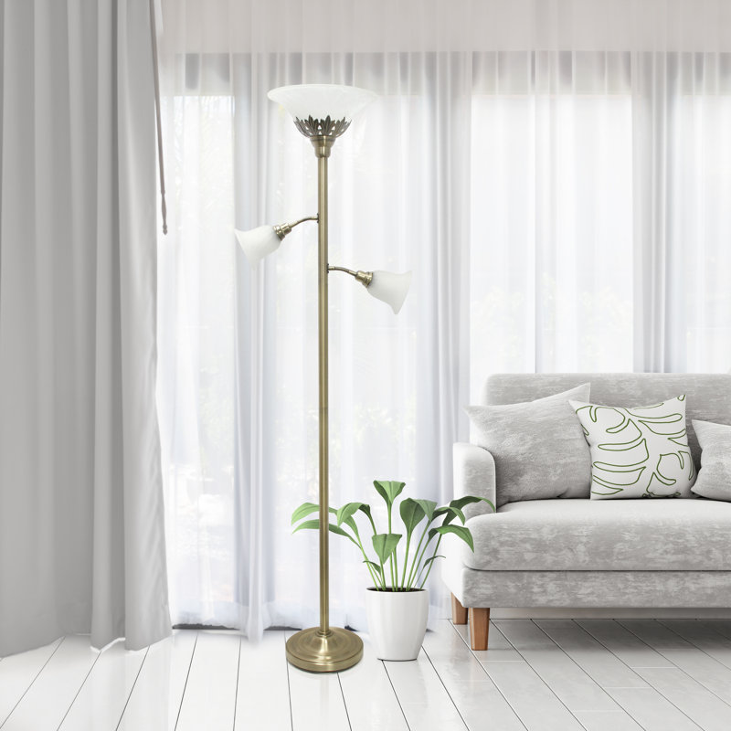 Antique Brass Finish 3-Light Floor Lamp with White Scalloped Glass Shades