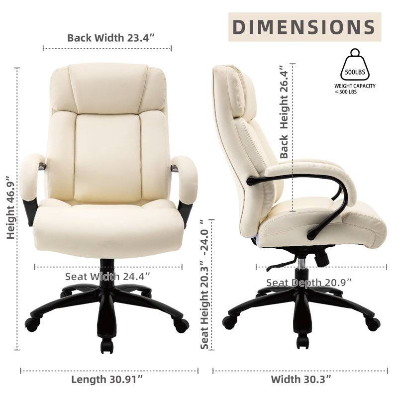 Grand fauteuil de direction ergonomique à haut dossier de 500 lb avec siège de 7 pouces d'épaisseur et base stable