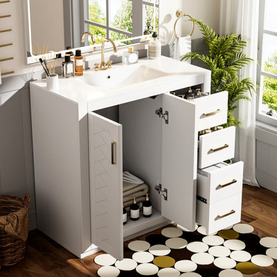 Armoire de salle de bain de 36 pouces avec lavabo en céramique, structure en bois massif, trois tiroirs, portes, rangement spacieux, style rétro, lavabo de meuble-lavabo à poignées en métal exquis et glissière de tiroir lisse, charnières, finition blanche,