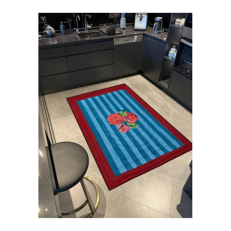 Middle Blue Rose Patterned Multicolored Woven Floor Carpet, Rectangle 4' x 5'11"